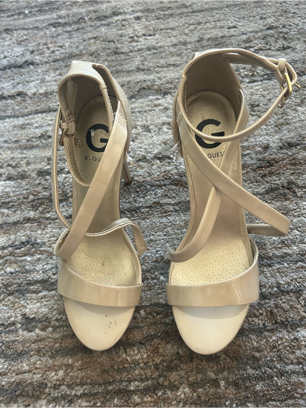 G by Guess Nude Patent Crisscross Strap Heels